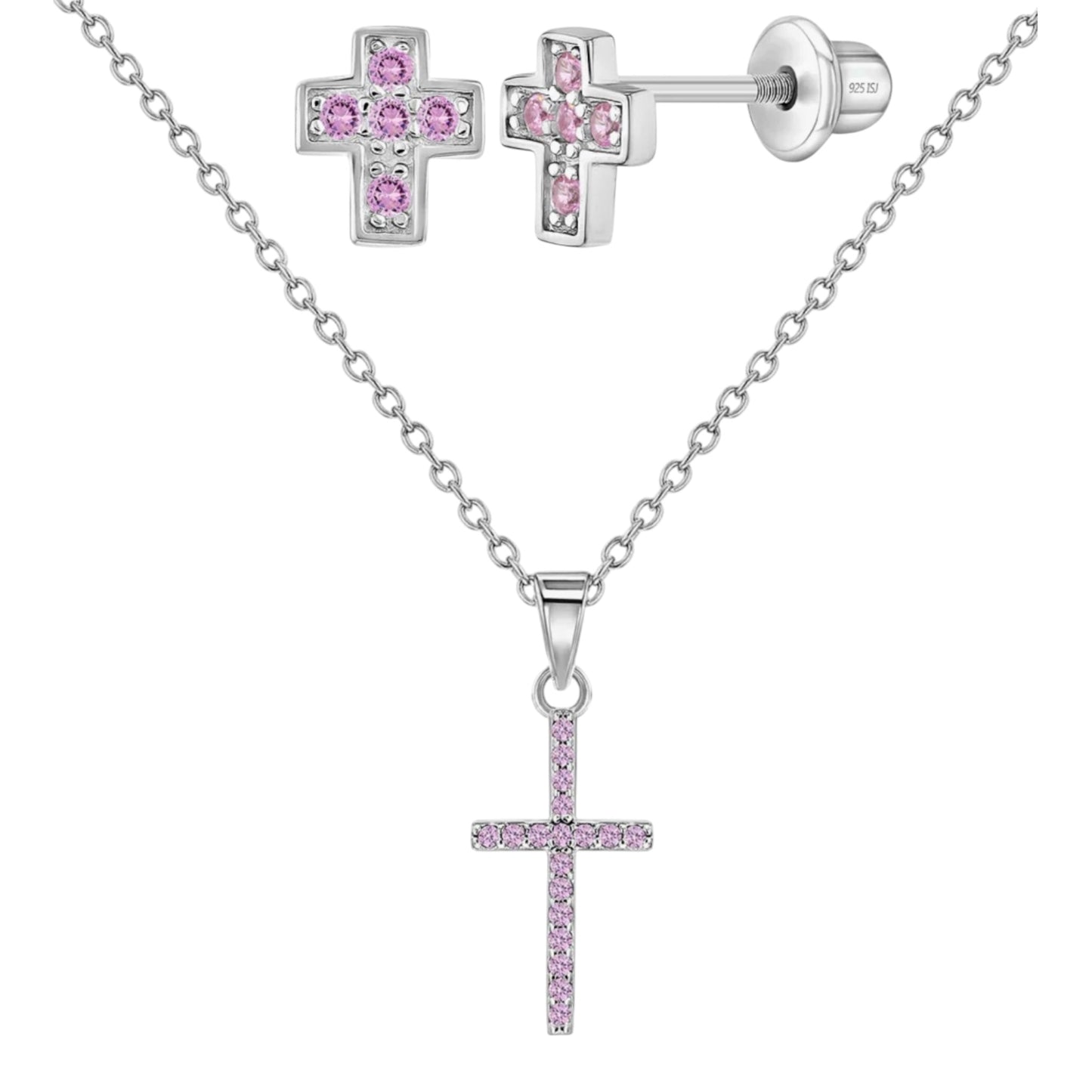 Shiny Pink CZ Cross Girls Jewelry Set