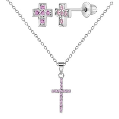 Shiny Pink CZ Cross Girls Jewelry Set