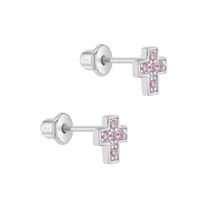 Shiny Pink CZ Cross Girls Jewelry Set
