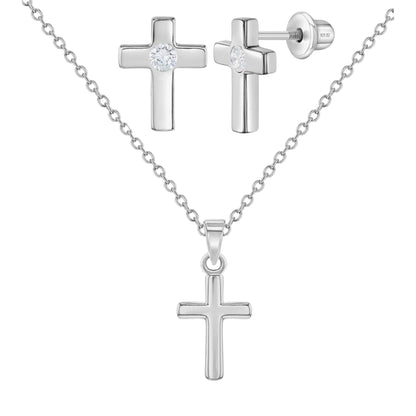 Classic Clear CZ Cross Girls Jewelry Set