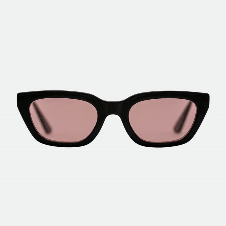 Black cat-eye sunglasses with pink lenses on a white background