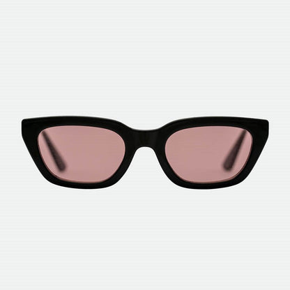 Black cat-eye sunglasses with pink lenses on a white background