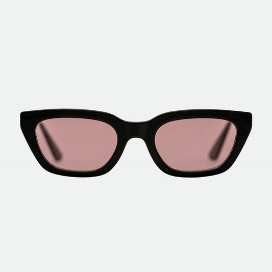 Black cat-eye sunglasses with pink lenses on a white background