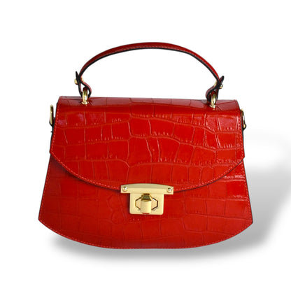 La Contessa Genuine Italian Leather Red Croc Embossed Handbag
