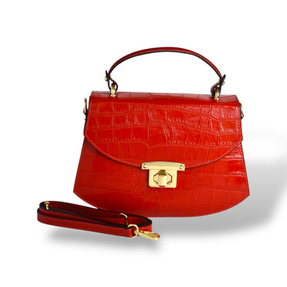 La Contessa Genuine Italian Leather Red Croc Embossed Handbag