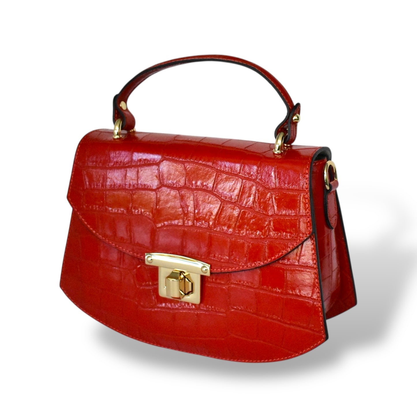 La Contessa Genuine Italian Leather Red Croc Embossed Handbag