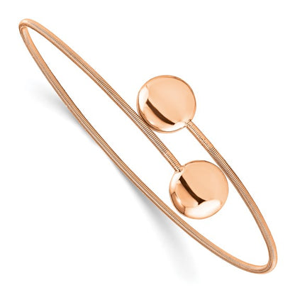 Rose gold bangle with two round embellishments on a white background
Material: 925 sterling silver, rose-plated wire
Color: rose gold
Closure: slip-on, open