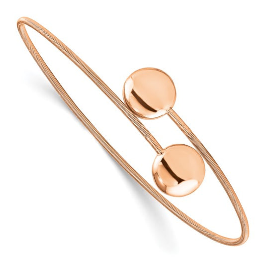 Rose gold bangle with two round embellishments on a white background
Material: 925 sterling silver, rose-plated wire
Color: rose gold
Closure: slip-on, open