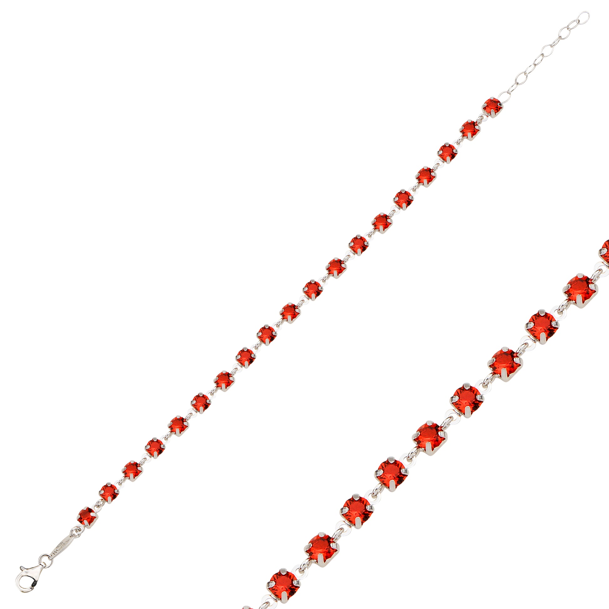 Bracelet with red crystals on a white background
Material: 925 sterling silver, Rhodium plated, red circle Swarovski crystals&nbsp;

Color: silver, red&nbsp;

Closure: lobster (fancy)

Measurement: 6.75" length, 1" extension, 4 mm wide&nbsp;