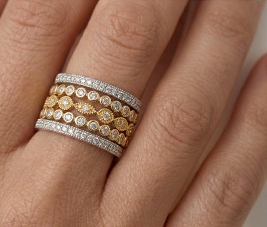 Women's Sterling Silver Set of 5 Stacking Rings 3 10K Gold-plated 2 Rhodium-plated CZ