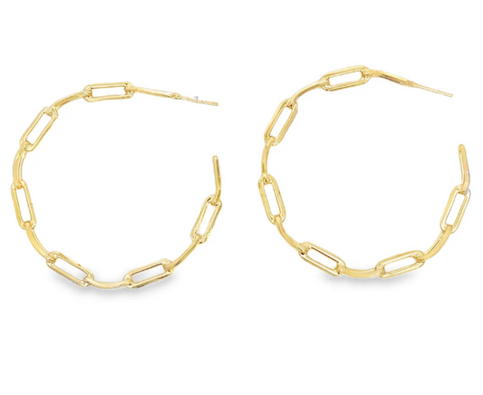 Gold chain hoop earrings on a white background
