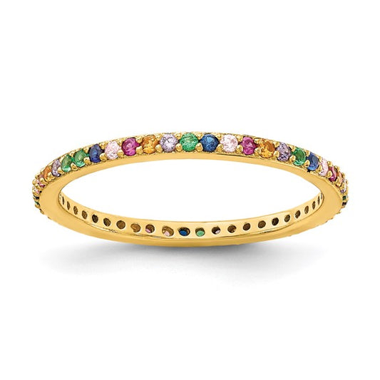 Gold ring with colorful gemstones on a white background
Material: sterling silver, 14K yellow gold plated, colorful CZ stones
Color: yellow gold
Style: stackable, infinity stone design
Measurement: 1.7 mm width, size 7