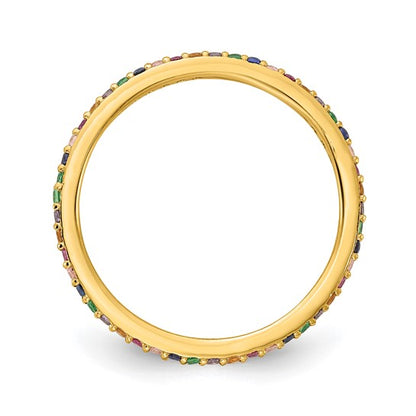 Gold ring with colorful gemstones on a white background
Material: sterling silver, 14K yellow gold plated, colorful CZ stones
Color: yellow gold
Style: stackable, infinity stone design
Measurement: 1.7 mm width, size 7