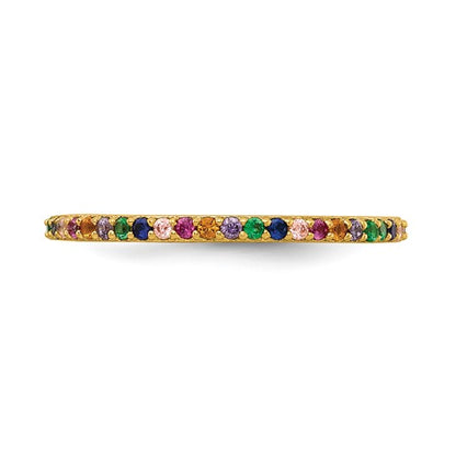 Gold ring with colorful gemstones on a white background
Material: sterling silver, 14K yellow gold plated, colorful CZ stones
Color: yellow gold
Style: stackable, infinity stone design
Measurement: 1.7 mm width, size 7