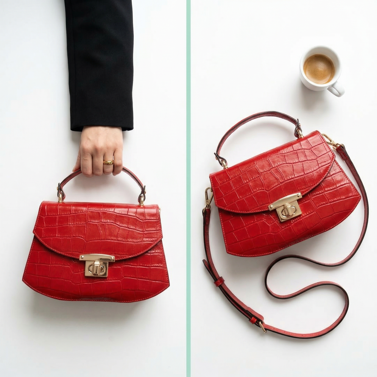 La Contessa Genuine Italian Leather Red Croc Embossed Handbag