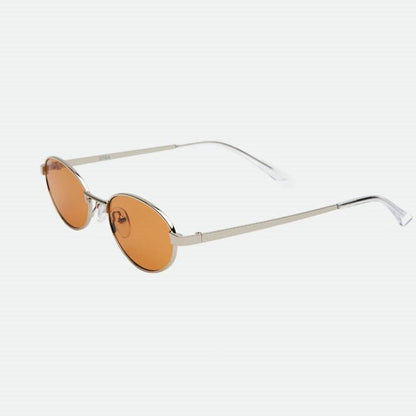 Sunglasses with orange lenses and thin metal frame on a white background
