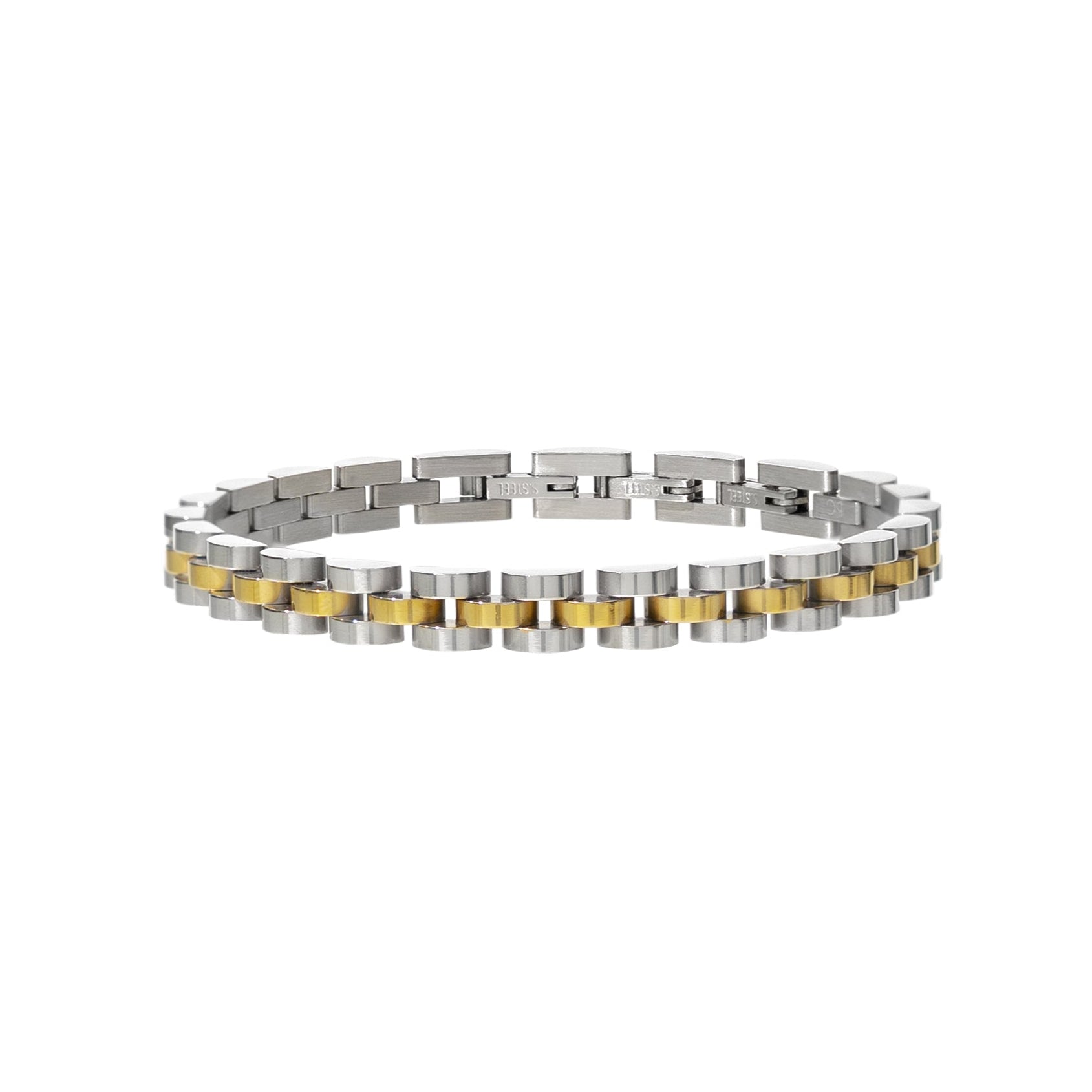 Silver and gold bracelet on a white background