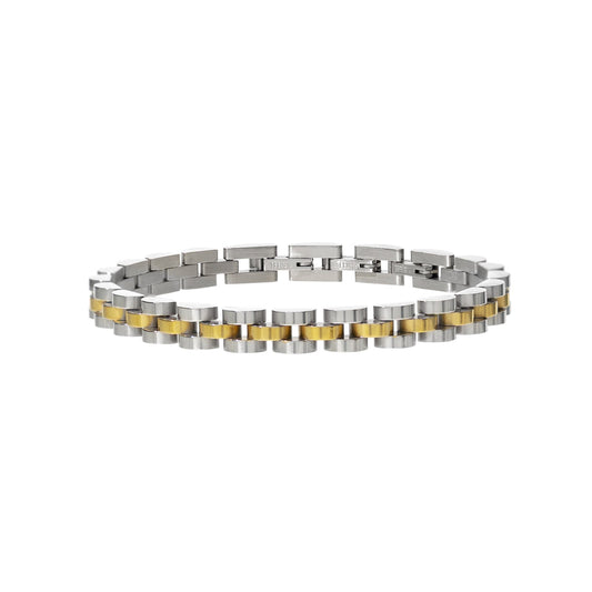 Silver and gold bracelet on a white background