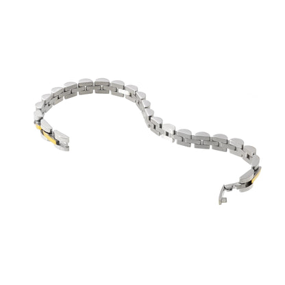 Silver bracelet with a gold accent on a white background