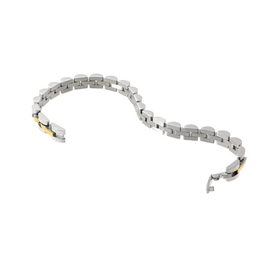 Silver bracelet with a gold accent on a white background