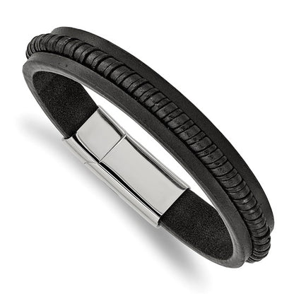 Black leather and metal bracelet on a white background
Material: stainless steel, black braided leather
Color: silver, black
Closure: slide in clasp
Measurement: 8.25" circumference, 11 mm wide