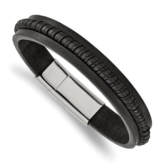 Black leather and metal bracelet on a white background
Material: stainless steel, black braided leather
Color: silver, black
Closure: slide in clasp
Measurement: 8.25" circumference, 11 mm wide