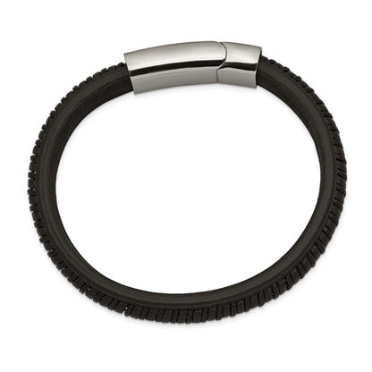 Black leather bracelet with a silver clasp on a white background
white background
Material: stainless steel, black braided leather
Color: silver, black
Closure: slide in clasp
Measurement: 8.25" circumference, 11 mm wide