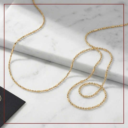 18K Gold Filled, 1 mm Flat Beaded Bar Chain Necklace