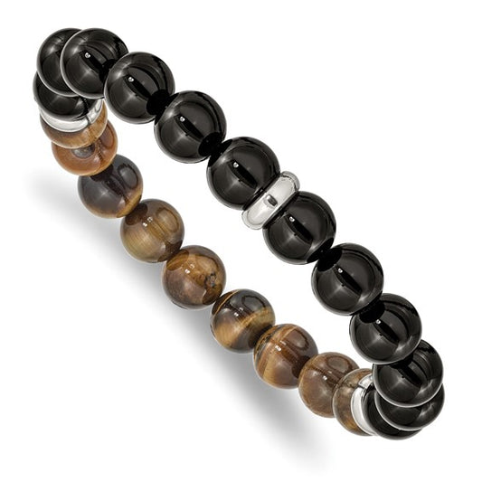 Multicolored beaded bracelet on a white background
Material: stainless steel, black Agate beads, Tiger's Eye beads
Color: silver, black, brown
Closure: infinity, stretch fit
Measurement: 8.5" circumference with 1" additional stretch