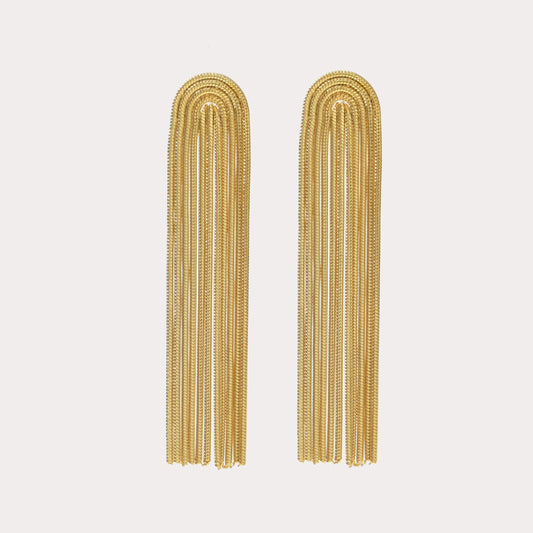 waterfall style gold drop earrings on white background 