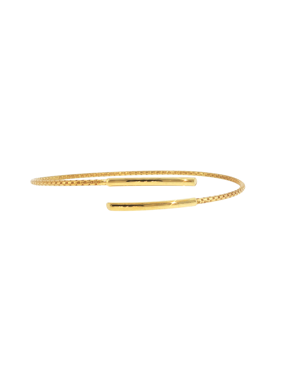 A delicate gold open cuff bangle bracelet with a textured beaded outer edge and a smooth, polished central bar, displayed on a clean white background.