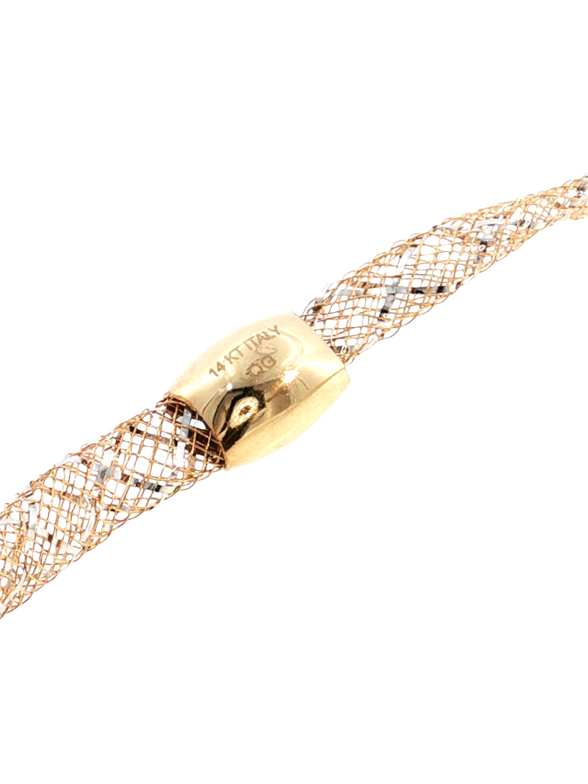 A close-up of a gold mesh bracelet with a polished gold clasp engraved with '14K Italy QG', set against a plain white background.