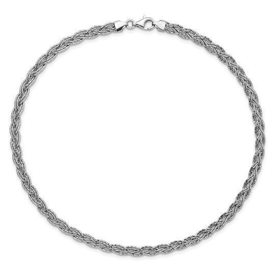 Silver braided necklace on a white background
Material: 925 sterling silver, Rhodium plated
Color: silver
Closure: lobster, fancy
Measurement: 16.75" length, 6 mm width