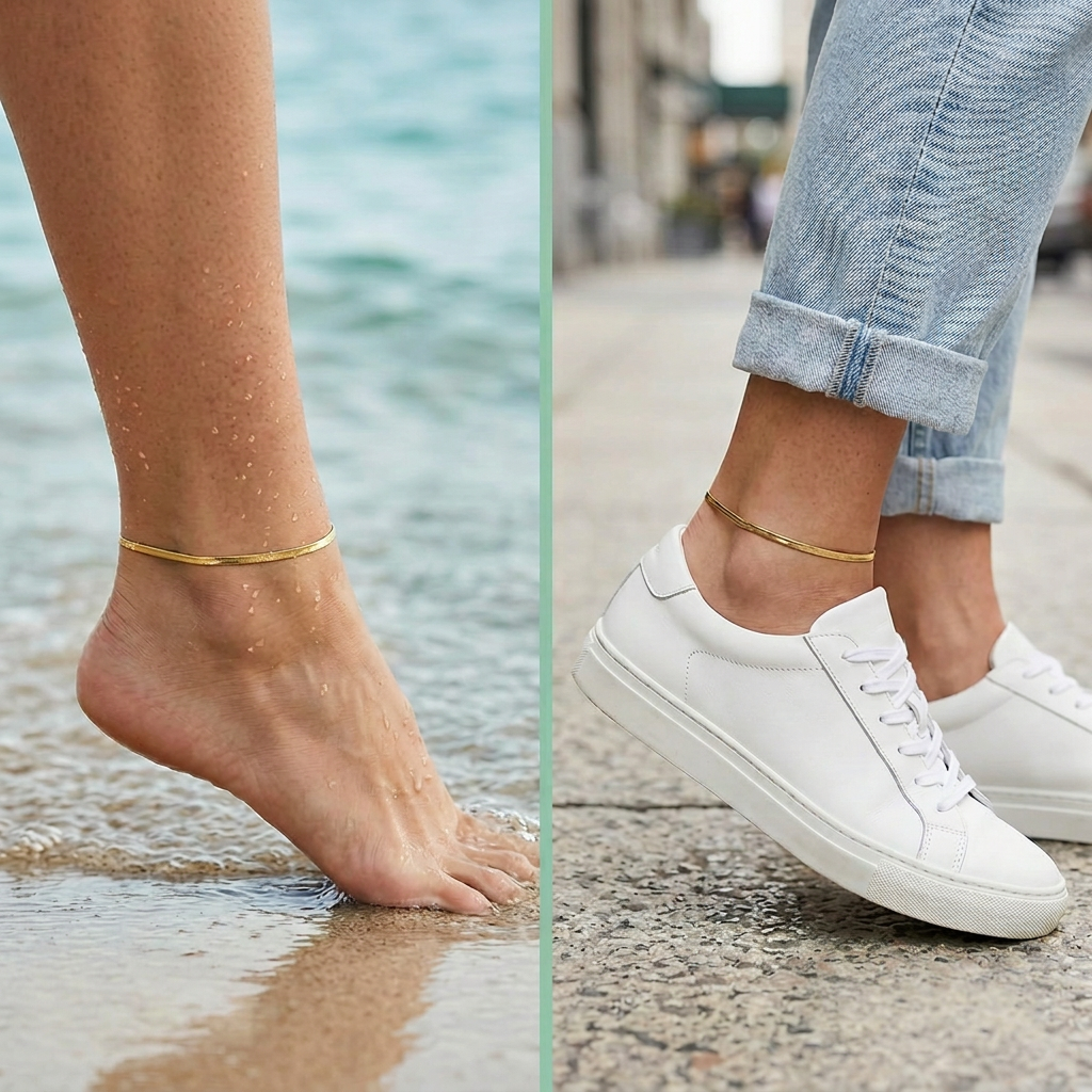 Split image showing a foot in water on the left and a foot wearing a white sneaker on the right.