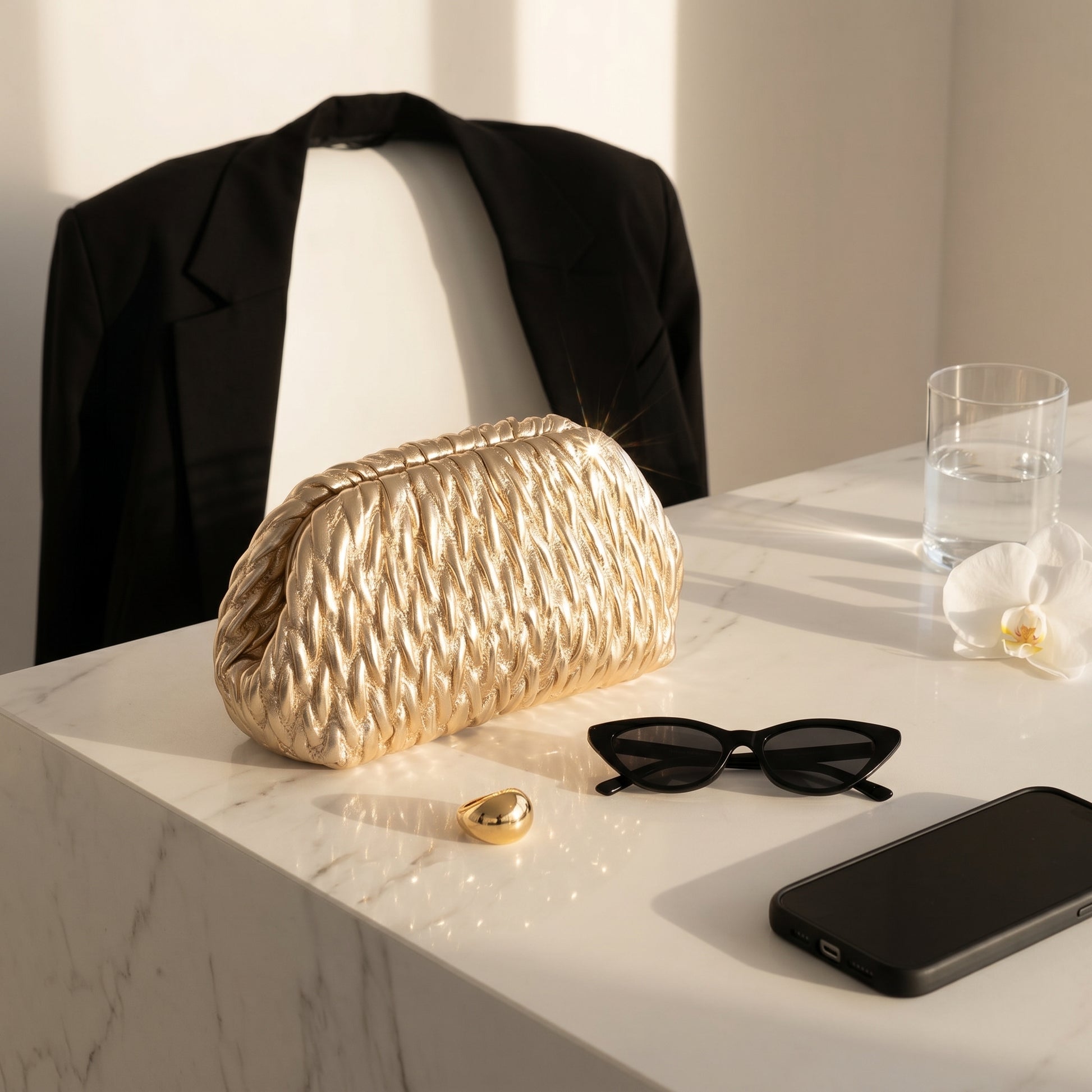Gold clutch bag on a marble surface with sunglasses, phone, and glass in the background