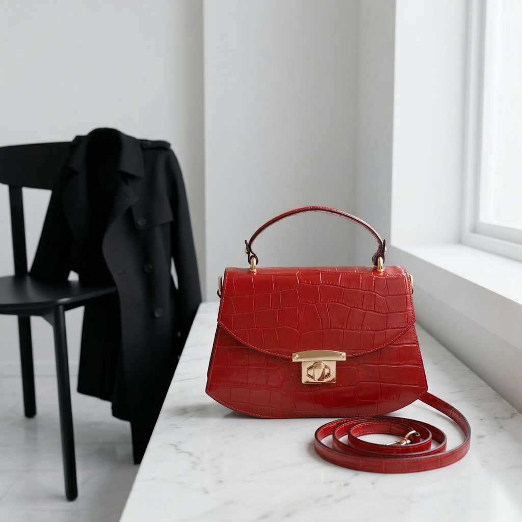 La Contessa Genuine Italian Leather Red Croc Embossed Handbag