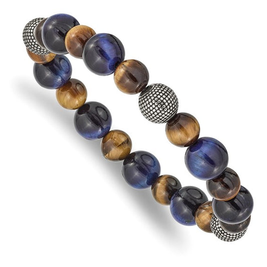 Men's Chisel Stainless Steel Antiqued and Polished Brown and Blue Tiger's Eye Beaded Stretch Bracelet