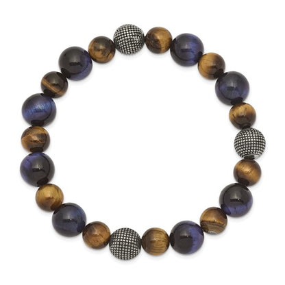 Men's Chisel Stainless Steel Antiqued and Polished Brown and Blue Tiger's Eye Beaded Stretch Bracelet