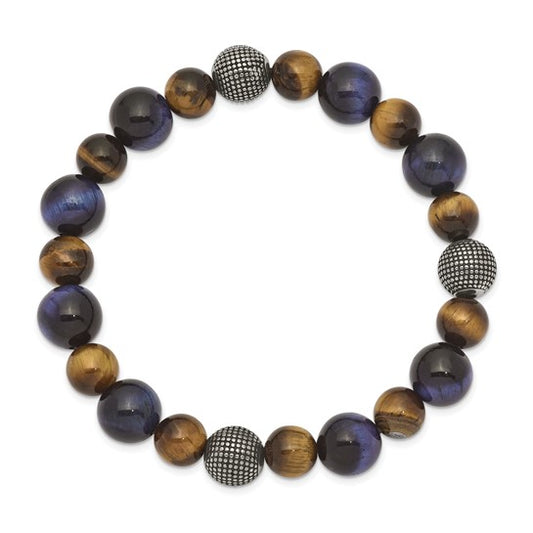 Men's Chisel Stainless Steel Antiqued and Polished Brown and Blue Tiger's Eye Beaded Stretch Bracelet