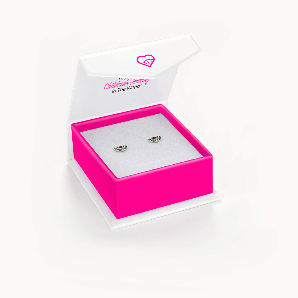 Age Group: Ideal for Toddlers and Little Girls
Size: 9mm W x 5mm H (green) watermelon; 7mm threaded earring post
Material: 925 Sterling Silver
Stone: Cubic Zirconia
Metal Stamp: 925
Picture of the earrings in the window Box Included