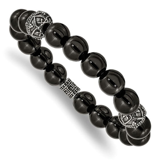 Black beaded bracelet with silver beads on a white background
Material: stainless steel, black Agate 10 mm beads
Color: black beads, silver stainless steel beads
Closure: infinity
Measurement: 8" circumference with .5" additional stretch. 10 mm beads