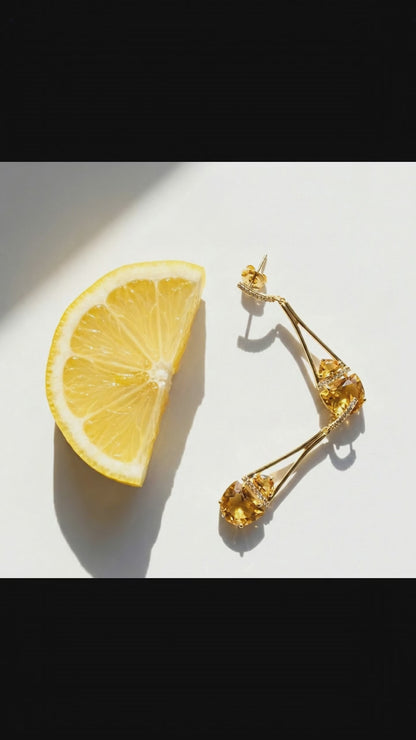 Pendulum 18K Gold Earrings with Yellow Citrine and White Topaz Gemstones