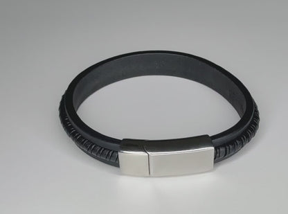 Men's Stainless Steel Polished Black Leather 8.25in Bracelet