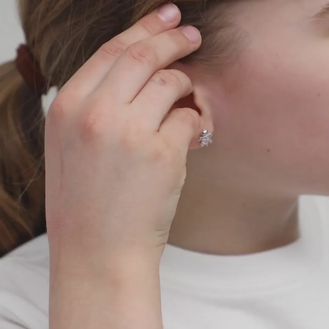 Age Group: Adorable for Little Girls, Young Teens to Teens (ages 5-15 years); Safe for Sensitive Ears
Material: 925 Sterling Silver
Earrings Size: 8mm W x 10mm H turtle, cubic zirconia; 7mm threaded earring post
Metal Stamp: 925
Viceo of young girl wearing and showing the turtle earrings