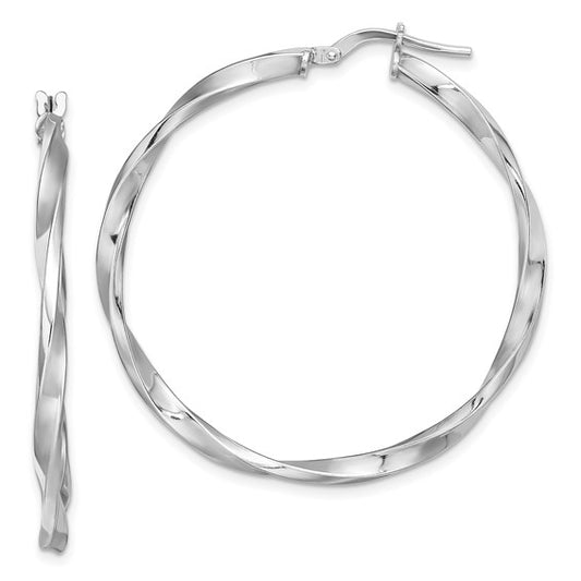 Silver hoop earrings on a white background
Material: sterling silver rhodium-plated
Color: silver
Closure: Wire & Clutch
Measurement: 40.4 mm width, 41.9 mm length, 2.4 mm thickness