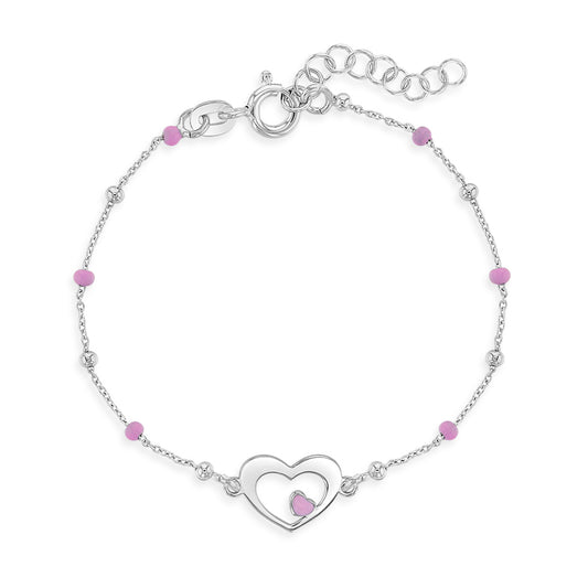 Age Group: Adorable for Toddlers, Young Girls &amp; Preteens; Safe for Sensitive Skin
Material: 925 Sterling Silver
Bracelet Size: 5 inches with extension up to 6", heart &amp; round beads (pink enamel); Adjustable
Metal Stamp: 925
picture of the silver bracelet with pink heart details. full bracelet close up
