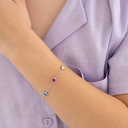 Age Group: Cute for Little Girls and Preteens; Safe for Sensitive Skin
Material: 925 Sterling Silver
Bracelet Length: 6 inches, 1 inch extension
Main Stone: Multi-Colored Cubic Zirconia
Metal Stamp: 925
Picture of the bracelet being worn on a little girl close up 