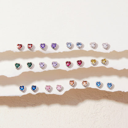 Sterling Silver CZ Birthstone Heart Screw Back Girls Earrings