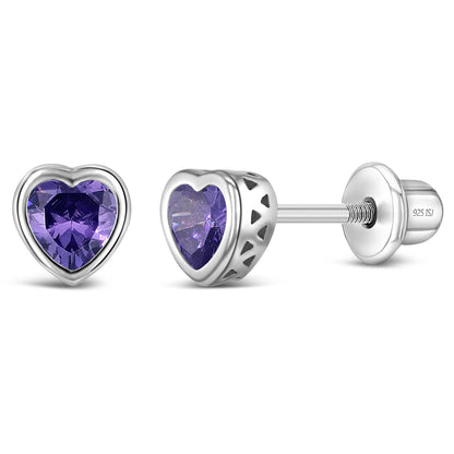 Sterling Silver CZ Birthstone Heart Screw Back Girls Earrings