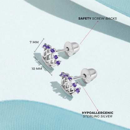 Age Group: Ideal for Toddlers, Young Girls or Pre-Teens; Safe for Sensitive Ears
Material: 925 Sterling Silver
Size: 10mm W x 7mm H crown; 9mm threaded earring post
Metal Stamp: 925
Window Box Included
5-point crown earrings with purple CZ. Picture close up of them with measurements listed